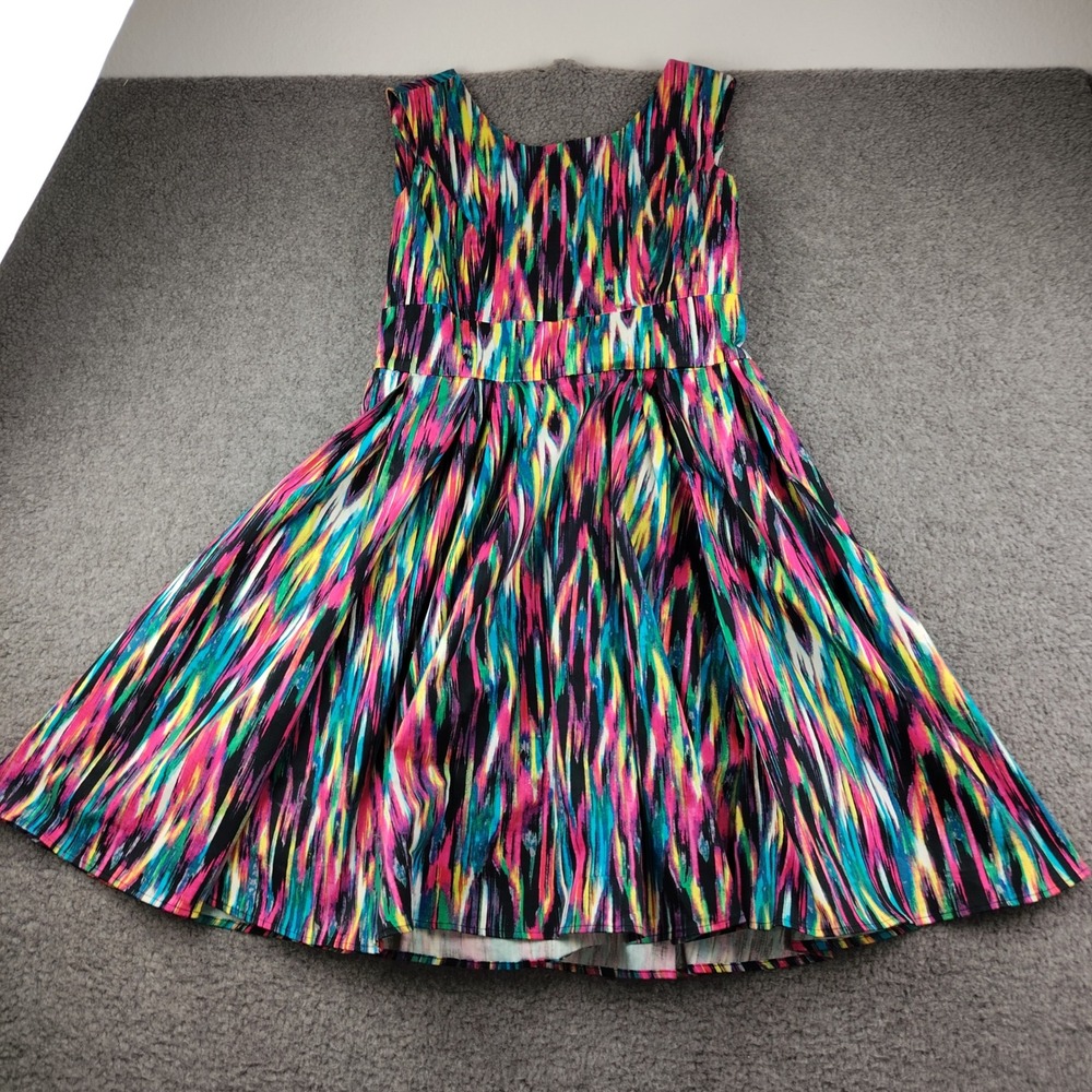 Calvin Klein Cotton Dress Sz 10 Fit Flare Multi-Color Ikat Print Pockets Stretch